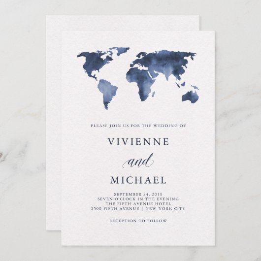 青い水のカラーのワールドマップ(白) | 結婚s 招待状 (正面/裏面)