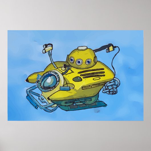 青い水の中のかわいい小さな黄色い潜水艦 ポスター (正面)