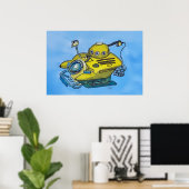 青い水の中のかわいい小さな黄色い潜水艦 ポスター (ホームオフィス)