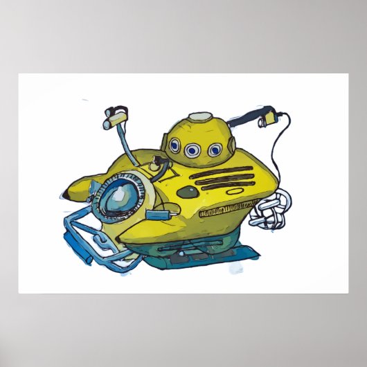 青い水の中のかわいい小さな黄色い潜水艦 ポスター (正面)