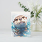 青い水の中の好奇心旺盛な水彩のカワウソ ポストカード (スタンド正面)