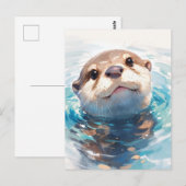 青い水の中の好奇心旺盛な水彩のカワウソ ポストカード (正面/裏面)