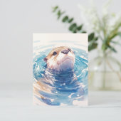 青い水の中の好奇心旺盛な水彩のカワウソ ポストカード (スタンド正面)