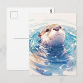 青い水の中の好奇心旺盛な水彩のカワウソ ポストカード (正面/裏面)