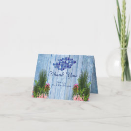 青い水の小石、ピンクのフラミンゴと魚 サンキューカード