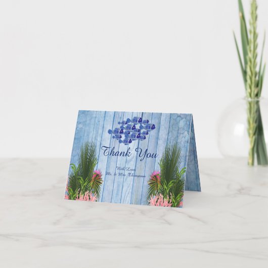 青い水の小石、ピンクのフラミンゴと魚 サンキューカード (正面)