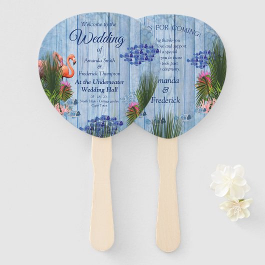 青い水の小石、ピンクのフラミンゴと魚 ハンドファン (正面&裏面)