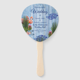 青い水の小石、ピンクのフラミンゴと魚 ハンドファン