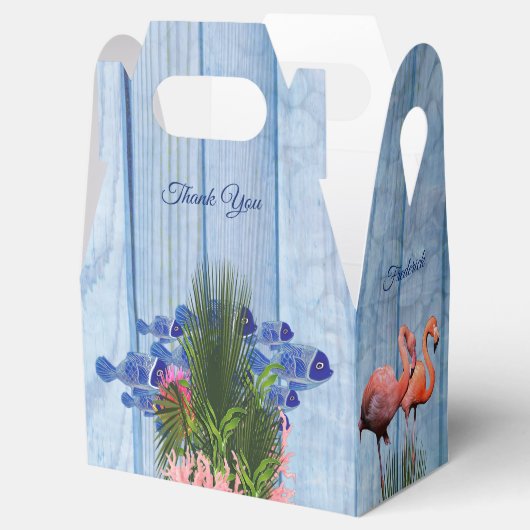 青い水の小石、ピンクのフラミンゴと魚 フェイバーボックス (オープン)