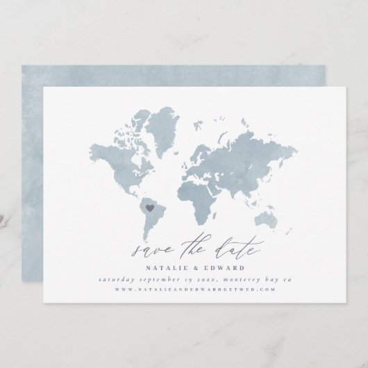 青い水の色のワールドマップ結婚の 案内状