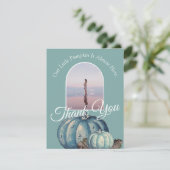 青い水の色の私たちの小さなカボチャ赤ちゃんシャワー サンキューカード (スタンド正面)