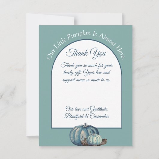 青い水の色の私たちの小さなカボチャ赤ちゃんシャワー サンキューカード (裏面)