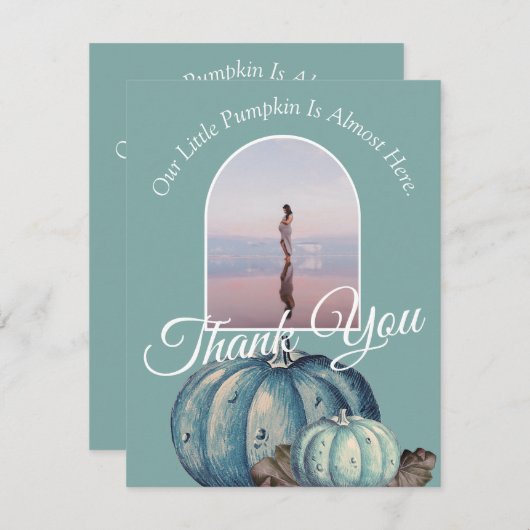 青い水の色の私たちの小さなカボチャ赤ちゃんシャワー サンキューカード (正面/裏面)