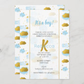 青い水の色の雲金ゴールド星スカイベイビーシャワー 招待状 (正面/裏面)