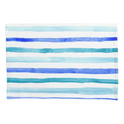 青い水の色ストライプの 枕カバー (正面左)