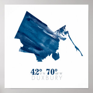 青い水の色Duxbury MAマップ（座標） ポスター