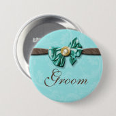 青い水の茶色の宝石の弓花柄 缶バッジ (正面&裏面)