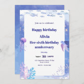 青い水中子供の誕生日招待カード 招待状 (正面/裏面)