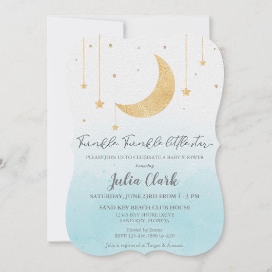 青い水彩きらめきらめき小さな星のシャワー 招待状 (正面)