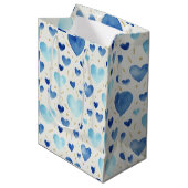 青い水彩と金のグリッターのハート模様 ミディアムペーパーバッグ (正面アングル)