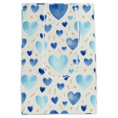 青い水彩と金のグリッターのハート模様 ミディアムペーパーバッグ (裏面)