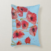青い水彩に赤いケシの花 アクセントクッション (正面(垂直))