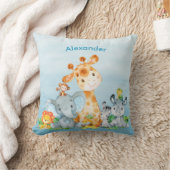 青い水彩のかわいいサファリジャングル動物 クッション (ブランケット)