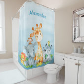 青い水彩のかわいいサファリジャングル動物 シャワーカーテン (インサイチュ)