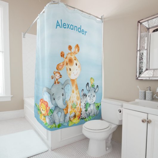 青い水彩のかわいいサファリジャングル動物 シャワーカーテン (インサイチュ)