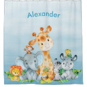 青い水彩のかわいいサファリジャングル動物 シャワーカーテン (正面)