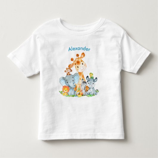 青い水彩のかわいいサファリジャングル動物 トドラーTシャツ (正面)