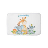 青い水彩のかわいいサファリジャングル動物 バスマット (正面)