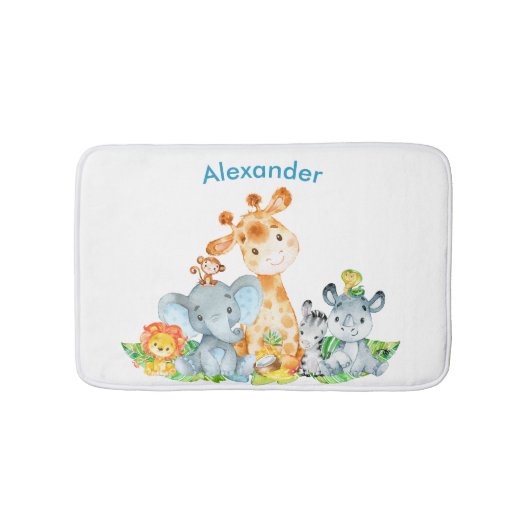 青い水彩のかわいいサファリジャングル動物 バスマット (正面)