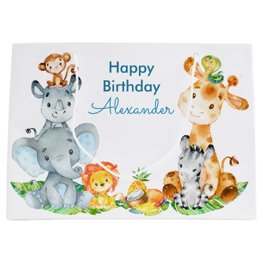 青い水彩のかわいいサファリジャングル動物 ラージペーパーバッグ (正面)