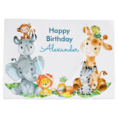 青い水彩のかわいいサファリジャングル動物 ラージペーパーバッグ (裏面)