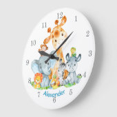 青い水彩のかわいいサファリジャングル動物 ラージ壁時計 (傾斜)