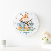 青い水彩のかわいいサファリジャングル動物 ラージ壁時計 (ホーム)