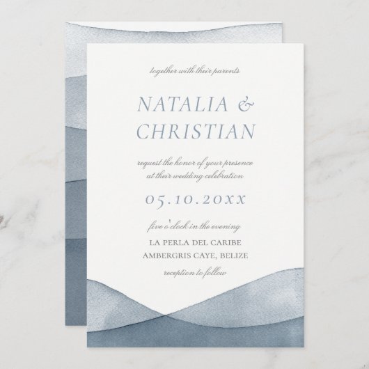 青い水彩のウェディング 招待状 (正面/裏面)