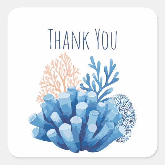 青い水彩のサンゴ礁　ありがとう スクエアシール (正面)