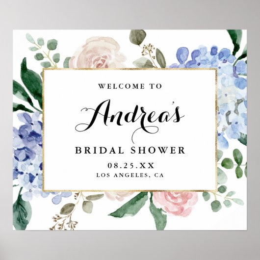 青い水彩のハイドランジア ゴールドホイル ブライダルシャワー ポスター (正面)