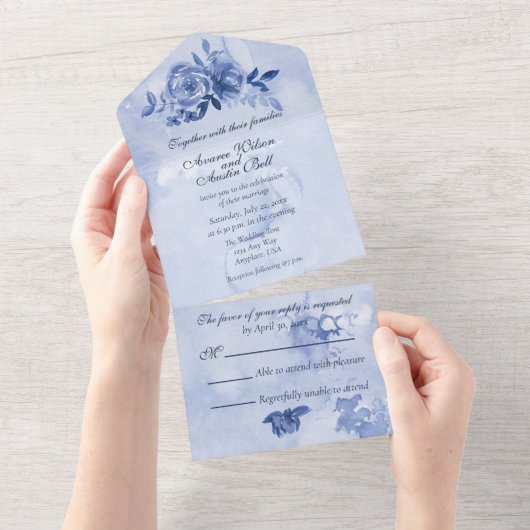 青い水彩のバラ オールインワン招待状 (貼ってはがせる)