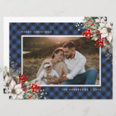 青い水彩のポインセチアとホーリーの写真クリスマス シーズンカード (正面/裏面)