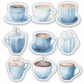 青い水彩のマグカップ４つ シール (正面)