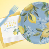 青い水彩のレモンと花 ペーパープレート