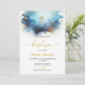 青い水彩の少年 ゴールドの洗礼 招待状 (スタンド正面)