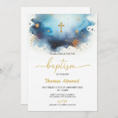 青い水彩の少年 ゴールドの洗礼 招待状 (正面/裏面)