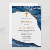 青い水彩の少年 ゴールドの洗礼 招待状 (正面/裏面)