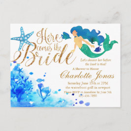 青い水彩の海の中のスイートな人魚の金色のテキスト インビテーションポストカード