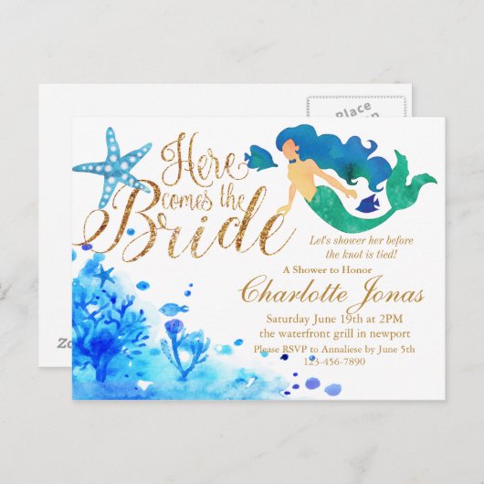 青い水彩の海の中のスイートな人魚の金色のテキスト インビテーションポストカード (正面/裏面)