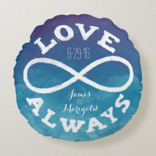 青い水彩の無限大ラブ ウェディング デート、名前 ラウンドクッション (正面)